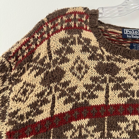 Vintage Polo Ralph Lauren Hand Knit Geometric Fair Isle Grandpa Sweater Brown L - Picture 3 of 9
